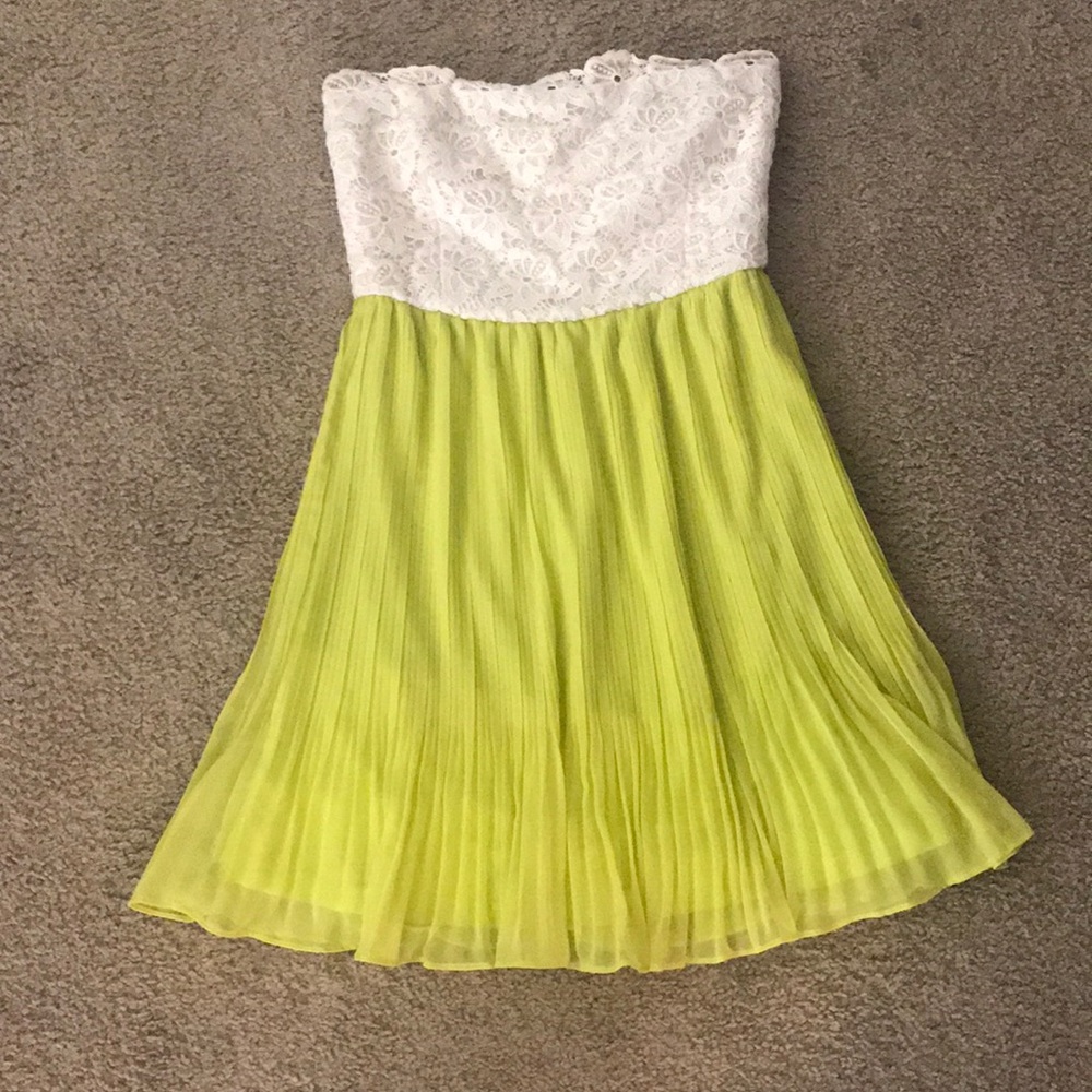 Strapless lace and chartreuse mini dress